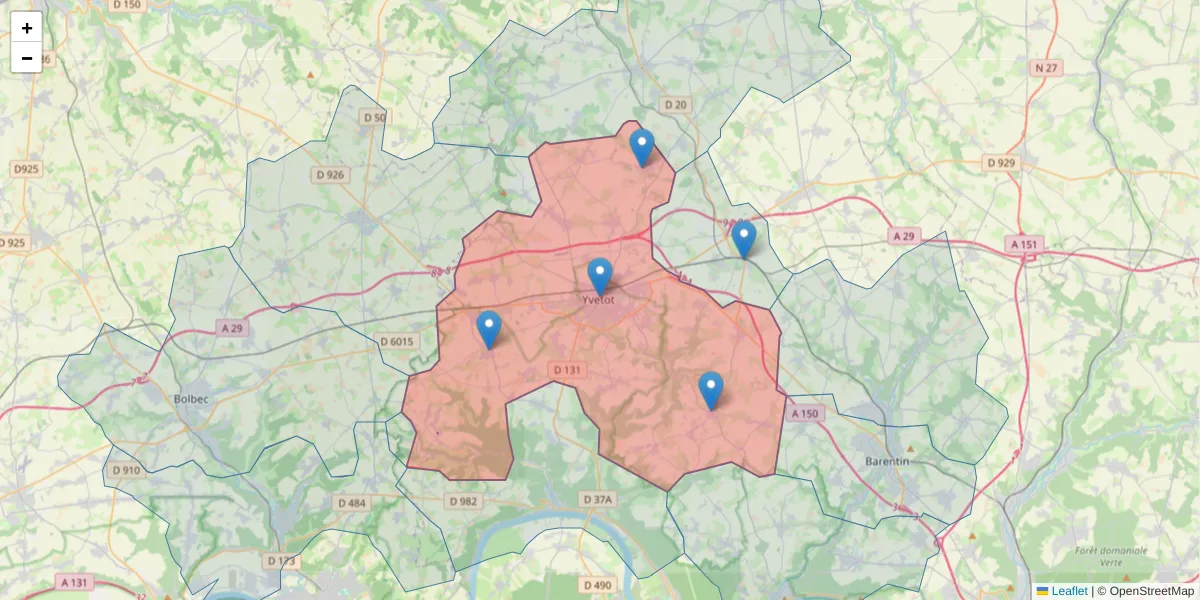 Carte de la zone du code postal  et des codes postaux voisins en France