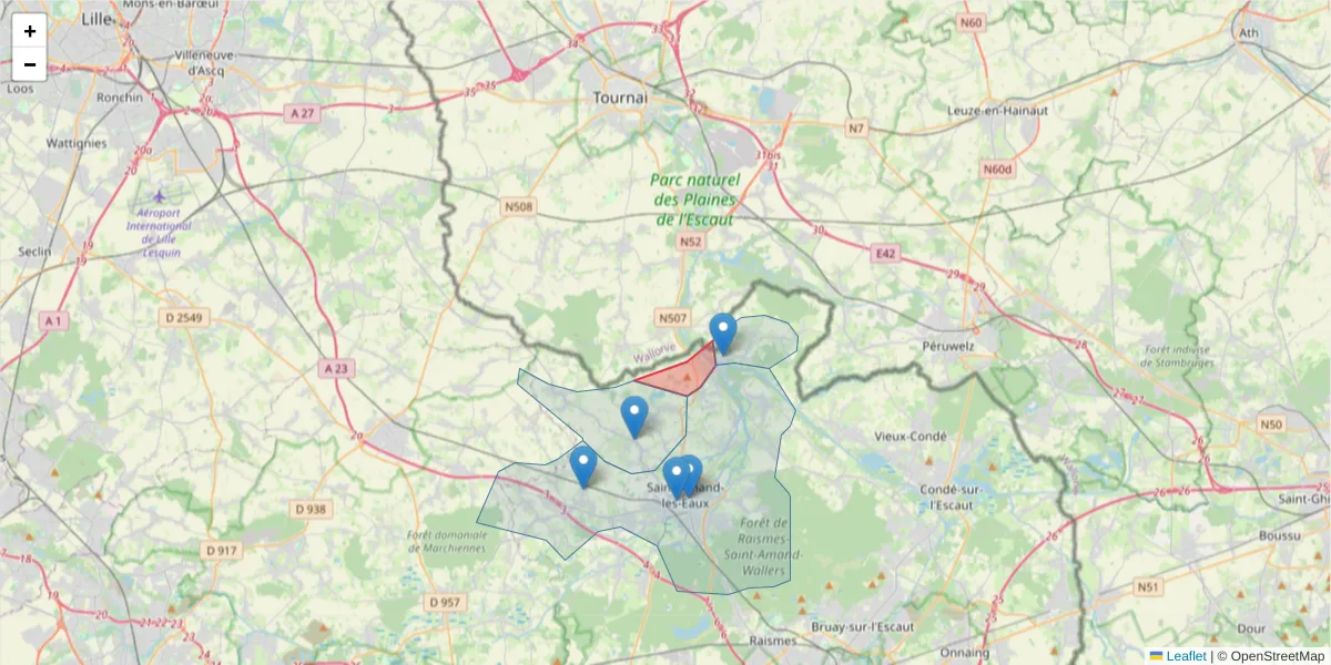 Carte de la zone du code postal  et des codes postaux voisins en France