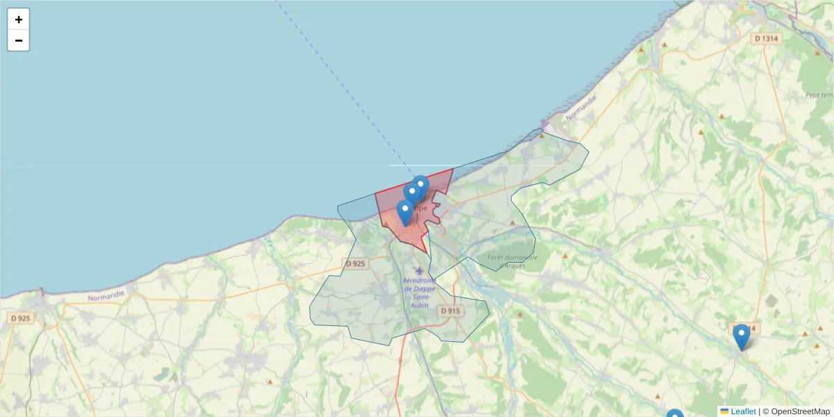 Carte de la zone du code postal  et des codes postaux voisins en France
