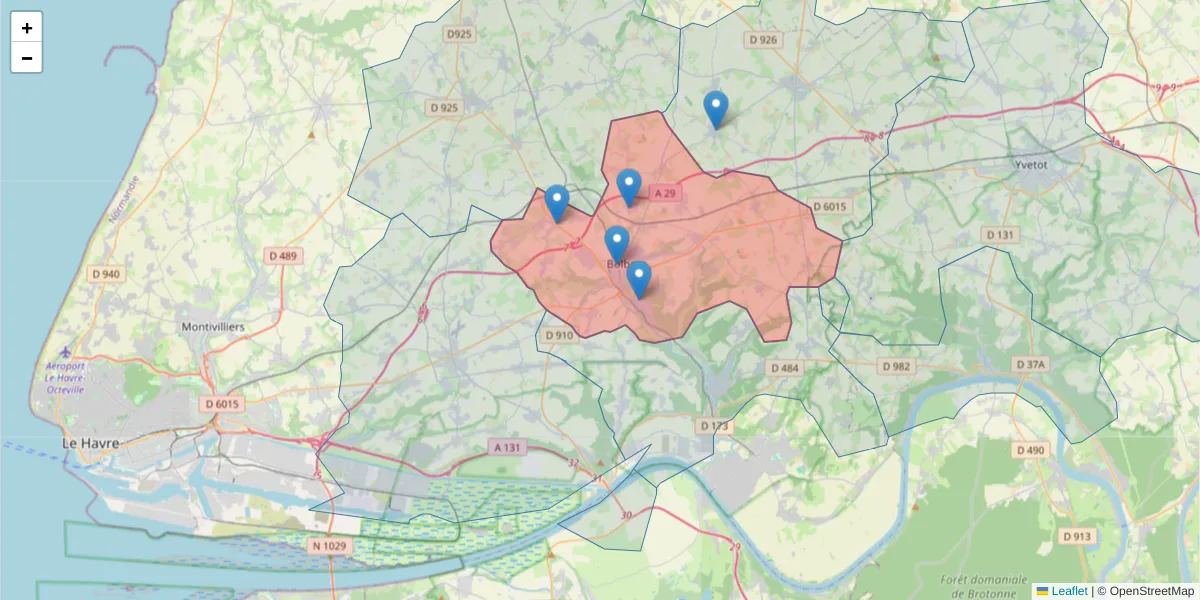 Carte de la zone du code postal  et des codes postaux voisins en France