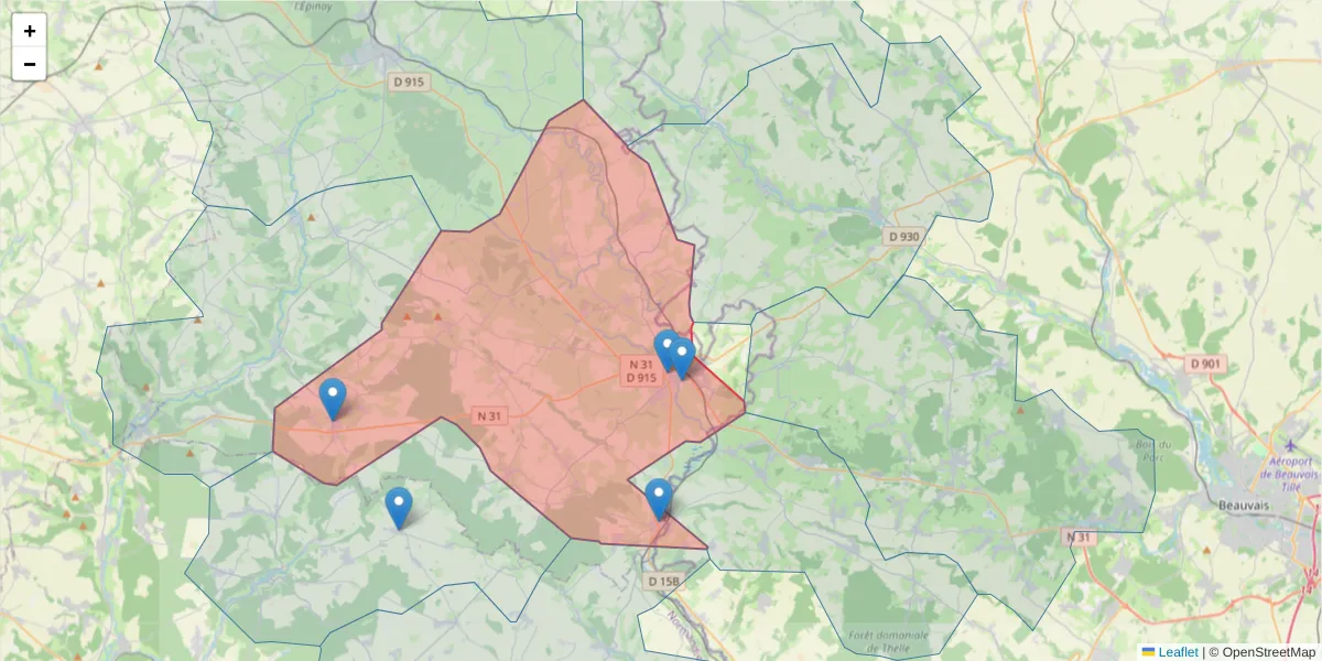 Carte de la zone du code postal  et des codes postaux voisins en France