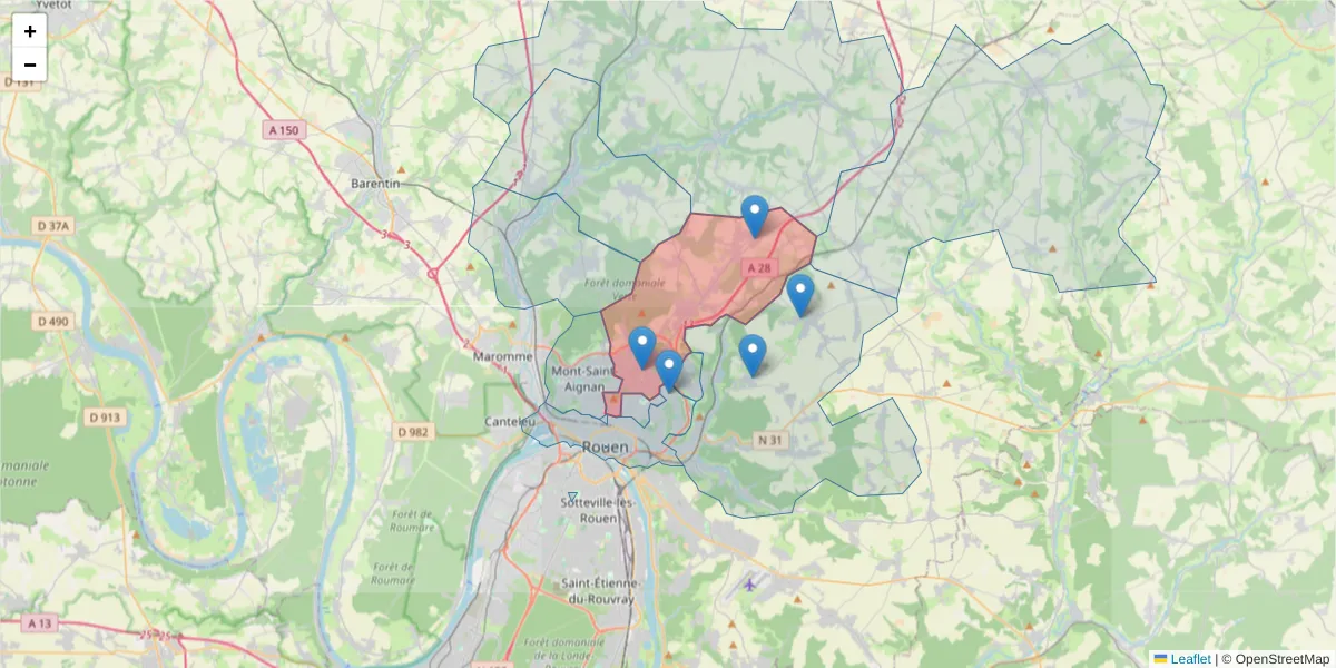 Carte de la zone du code postal  et des codes postaux voisins en France