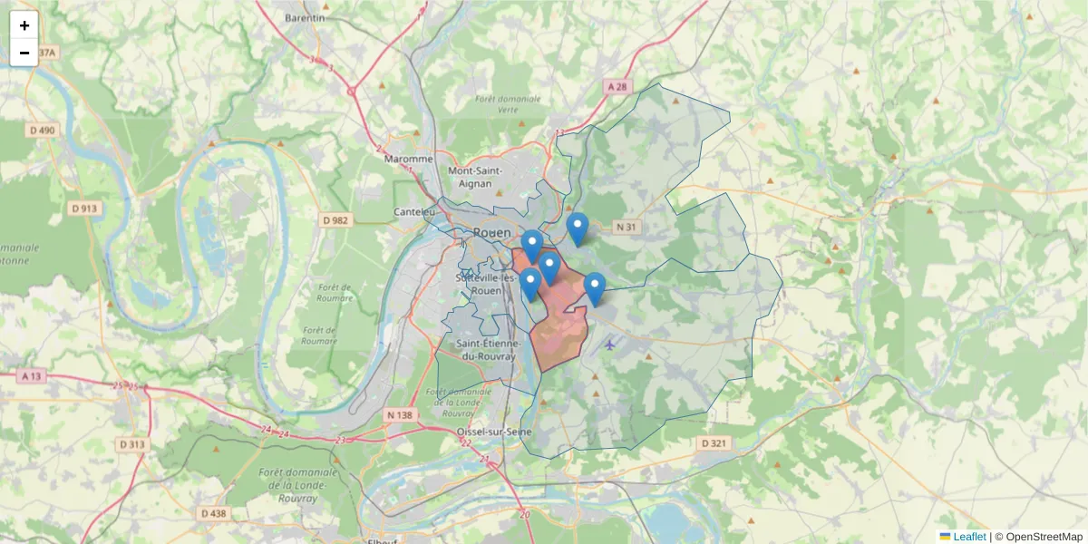 Carte de la zone du code postal  et des codes postaux voisins en France
