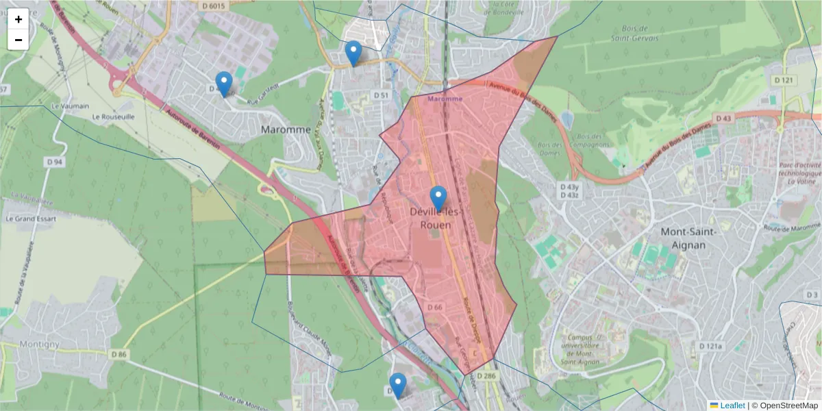 Carte de la zone du code postal  et des codes postaux voisins en France