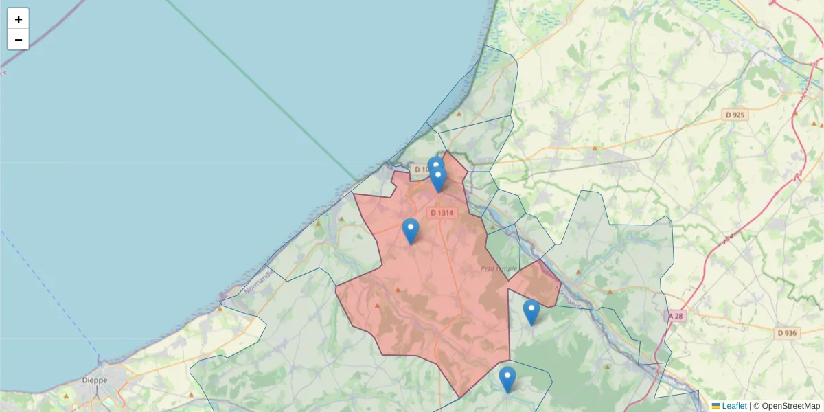 Carte de la zone du code postal  et des codes postaux voisins en France
