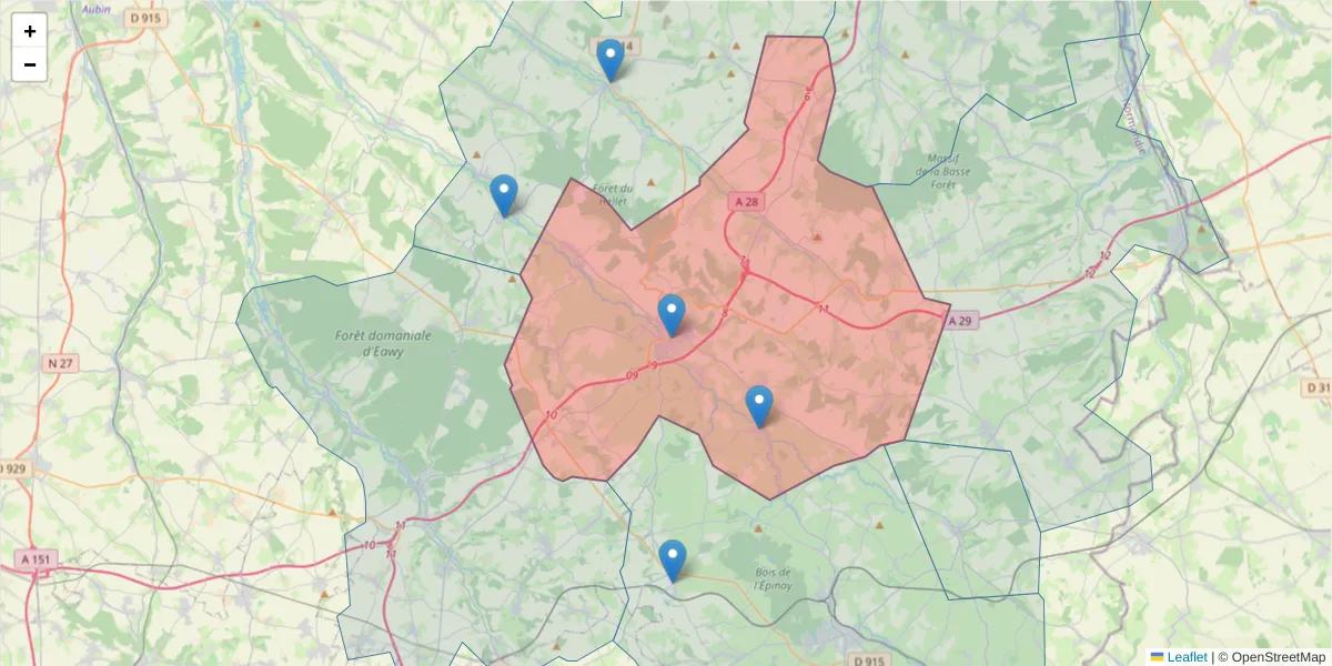 Carte de la zone du code postal  et des codes postaux voisins en France