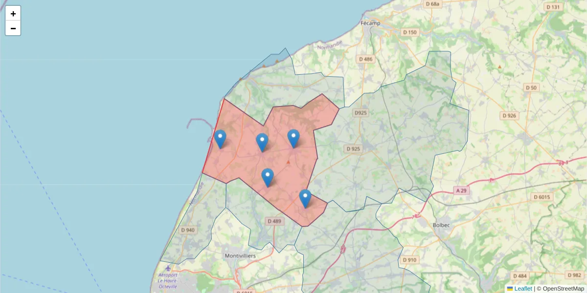 Carte de la zone du code postal  et des codes postaux voisins en France