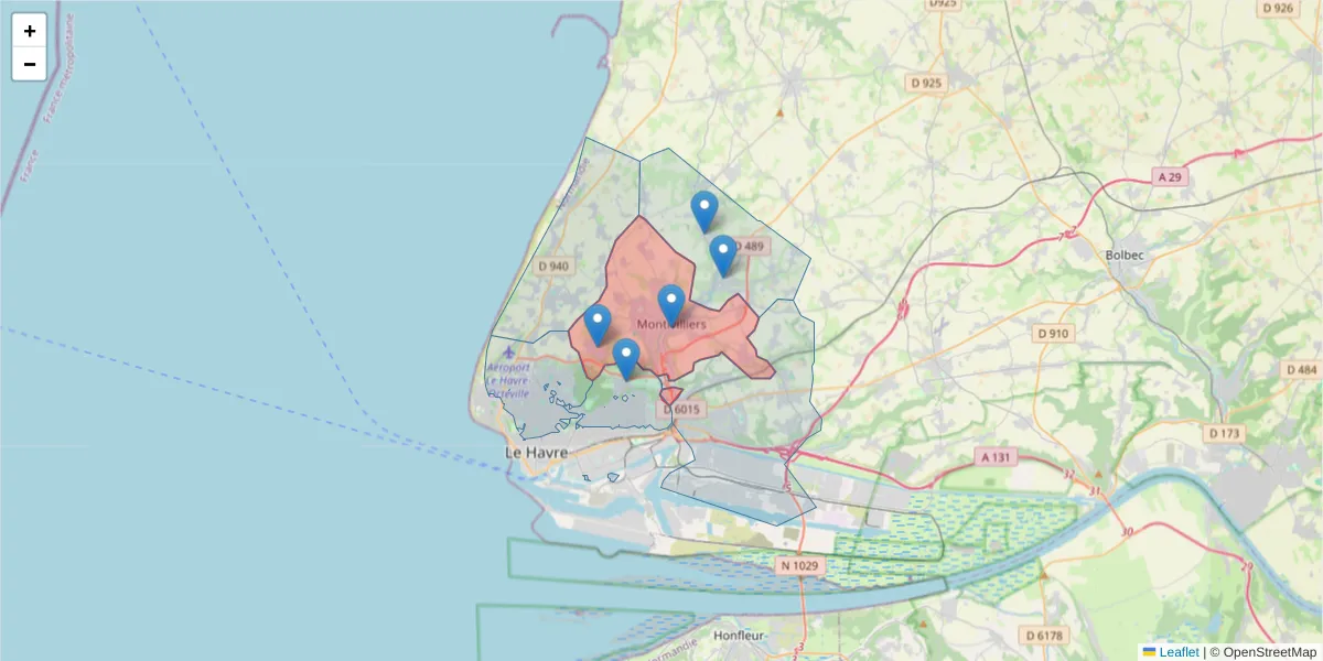 Carte de la zone du code postal  et des codes postaux voisins en France