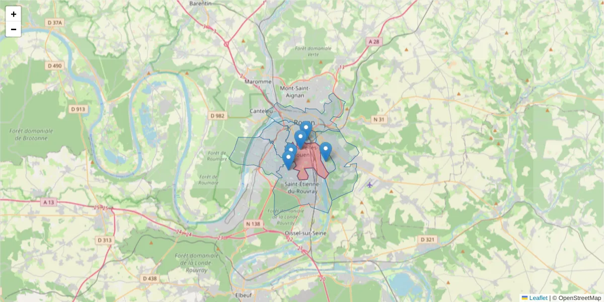 Carte de la zone du code postal  et des codes postaux voisins en France