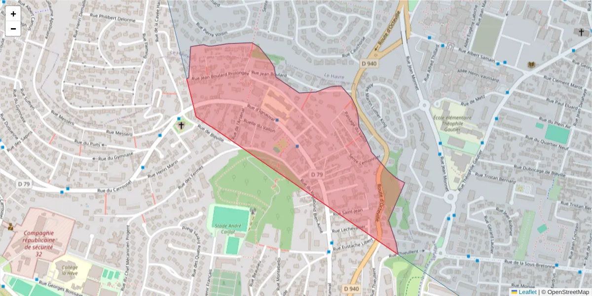 Carte de la zone du code postal  et des codes postaux voisins en France