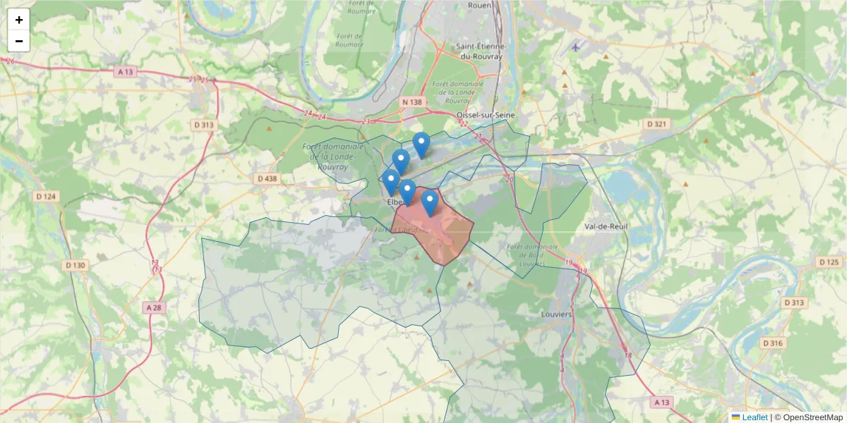 Carte de la zone du code postal  et des codes postaux voisins en France