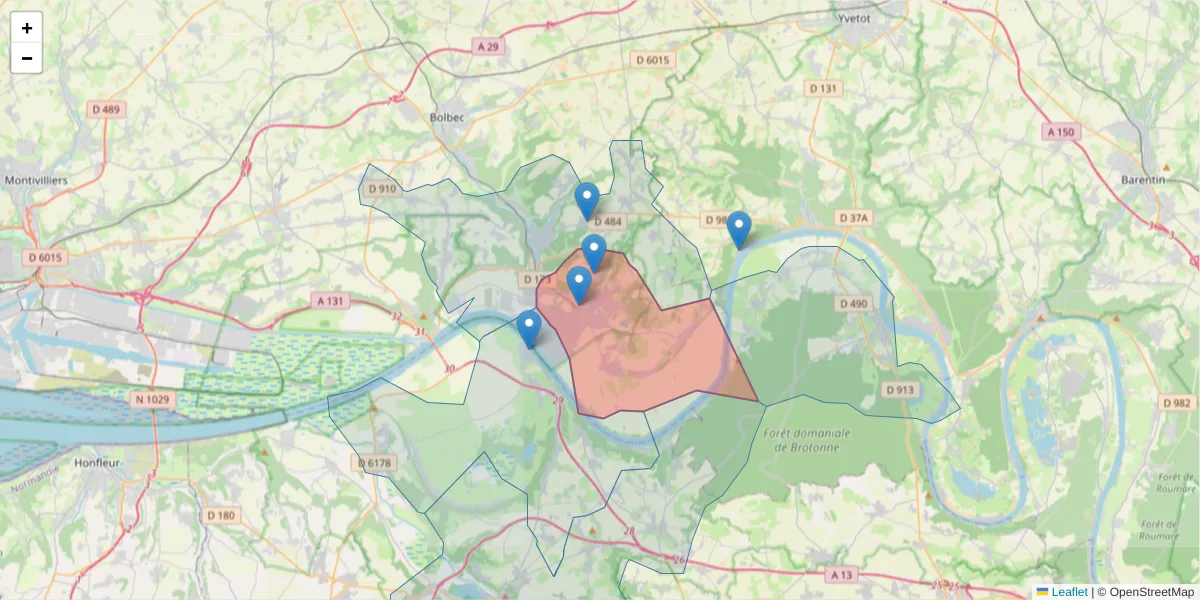 Carte de la zone du code postal  et des codes postaux voisins en France