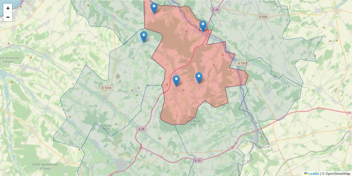 Carte de la zone du code postal  et des codes postaux voisins en France