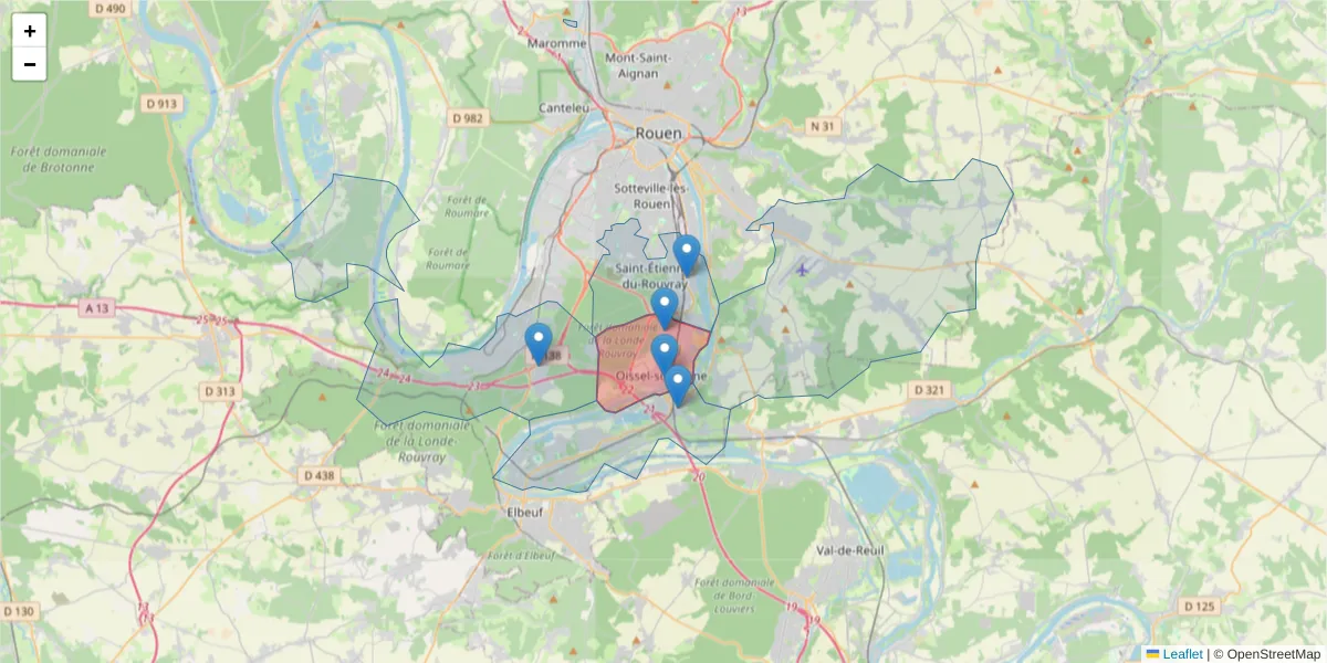 Carte de la zone du code postal  et des codes postaux voisins en France