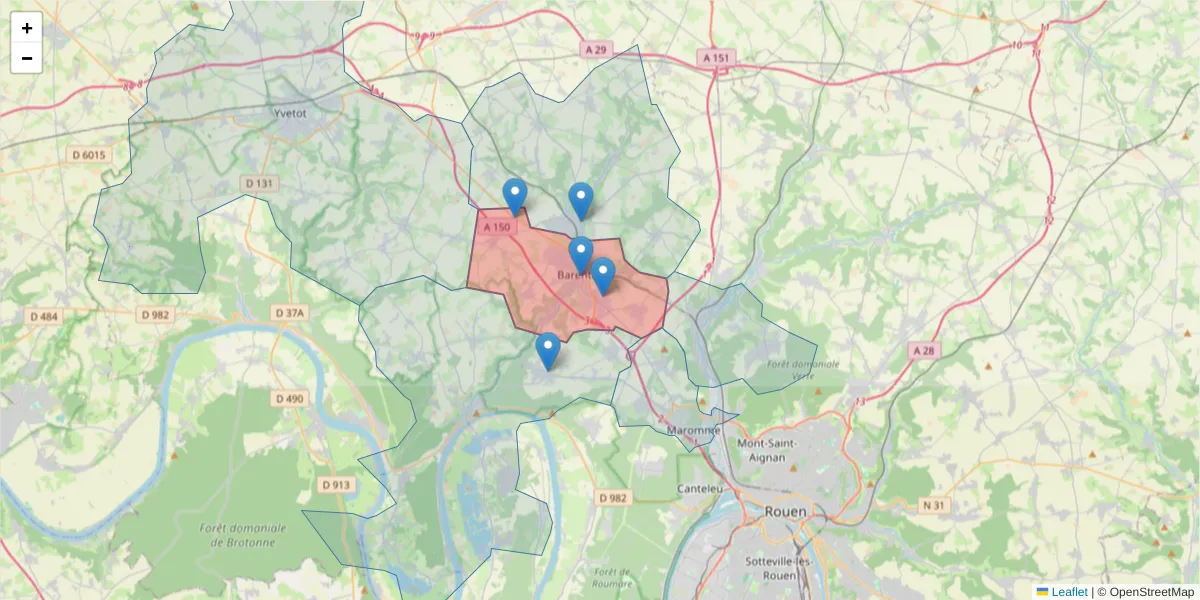Carte de la zone du code postal  et des codes postaux voisins en France