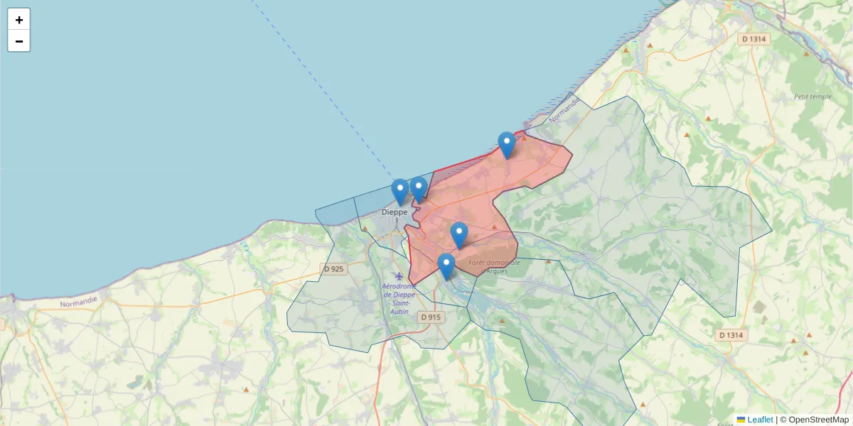 Carte de la zone du code postal  et des codes postaux voisins en France