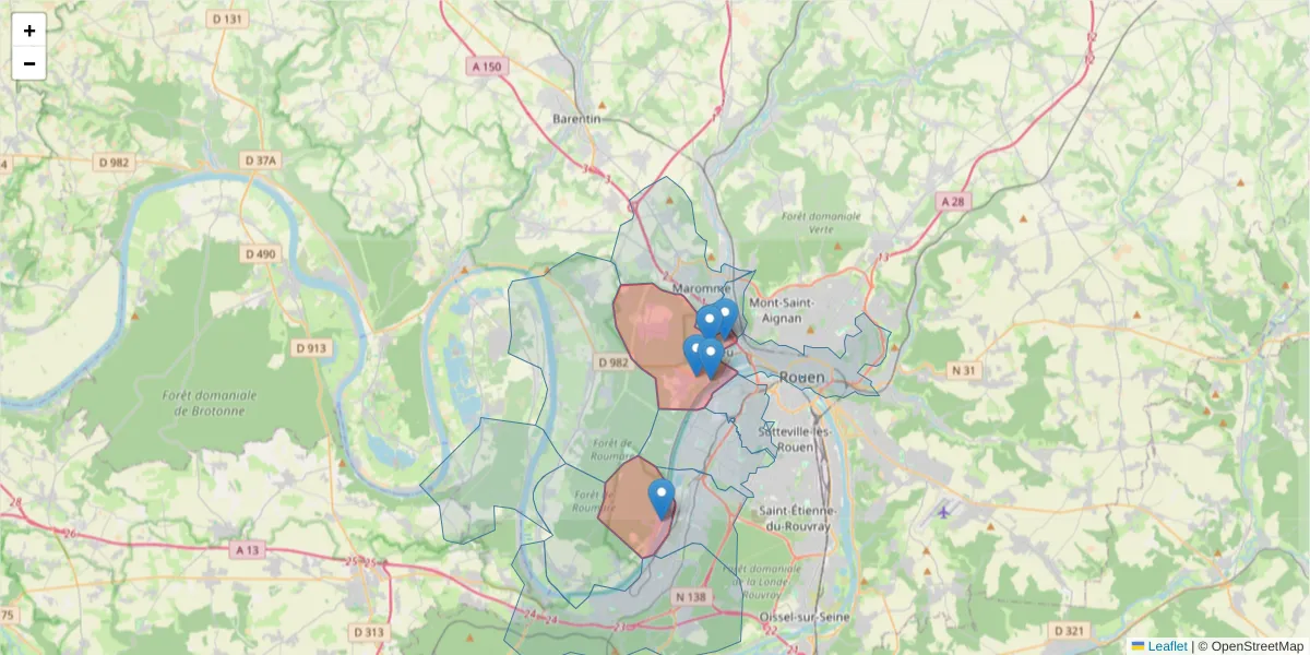 Carte de la zone du code postal  et des codes postaux voisins en France