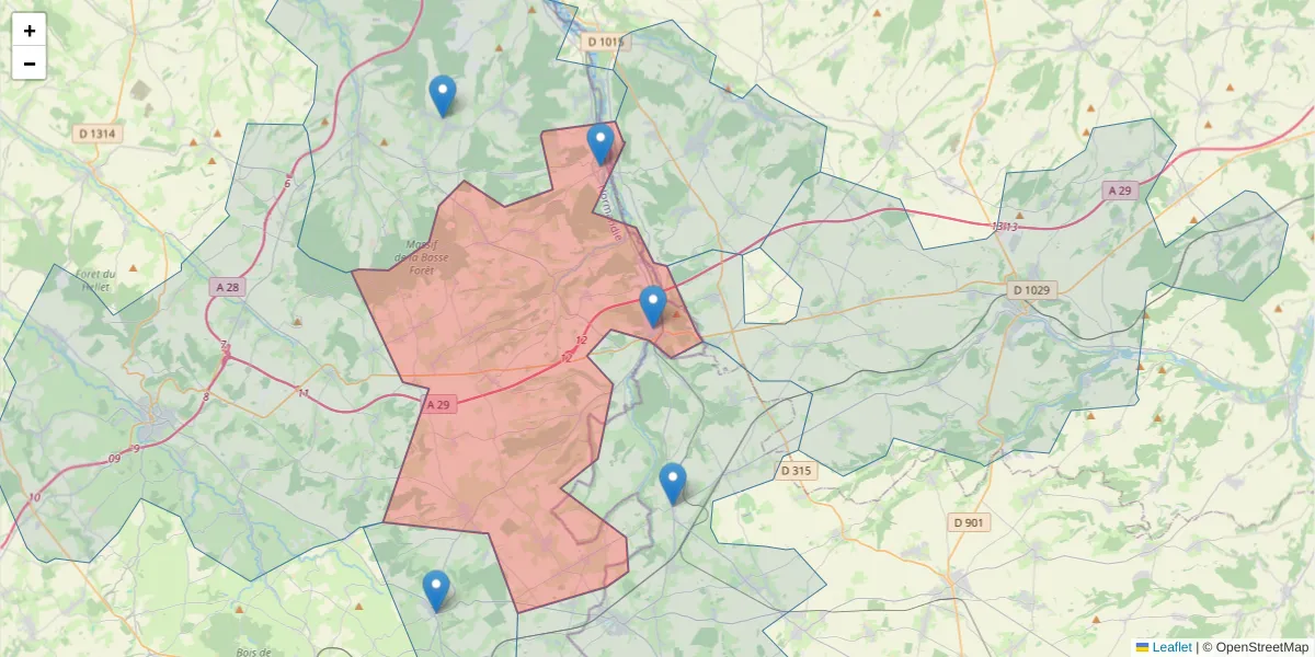 Carte de la zone du code postal  et des codes postaux voisins en France