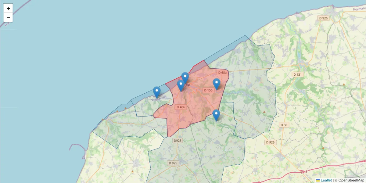 Carte de la zone du code postal  et des codes postaux voisins en France