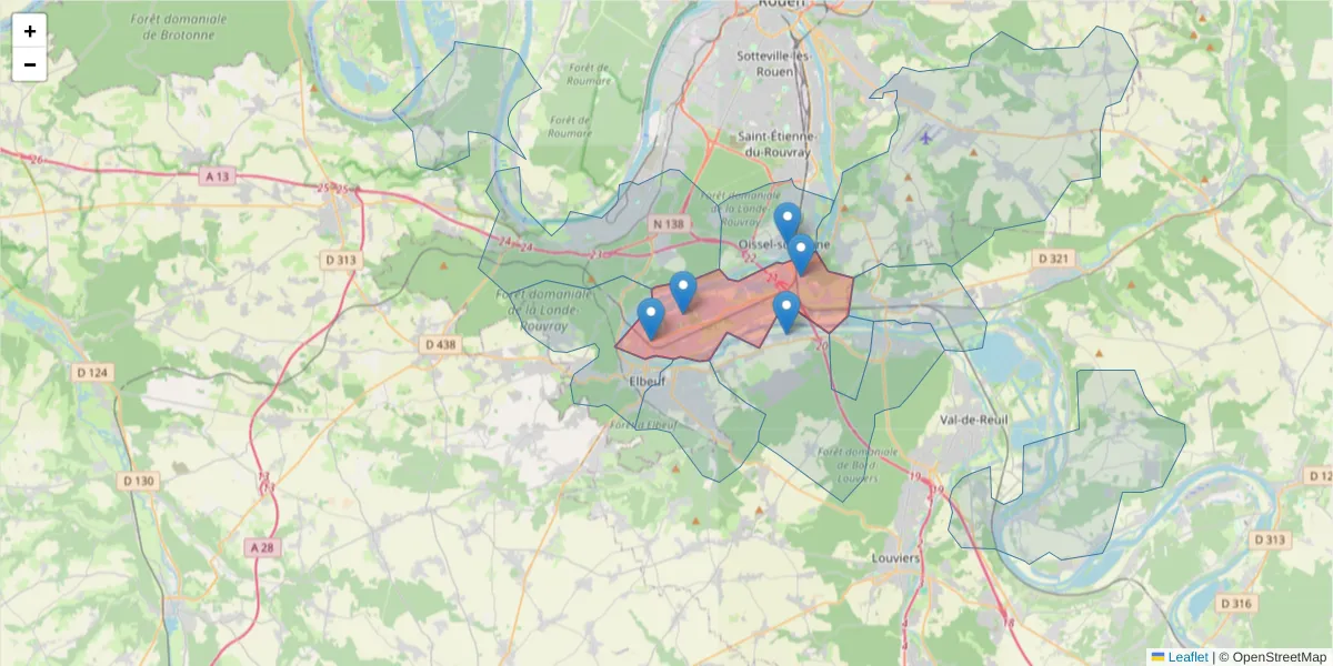 Carte de la zone du code postal  et des codes postaux voisins en France