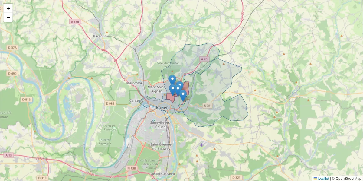 Carte de la zone du code postal  et des codes postaux voisins en France