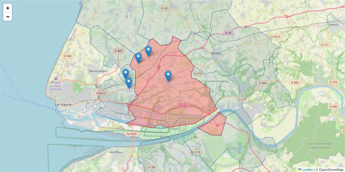 Carte de la zone du code postal  et des codes postaux voisins en France
