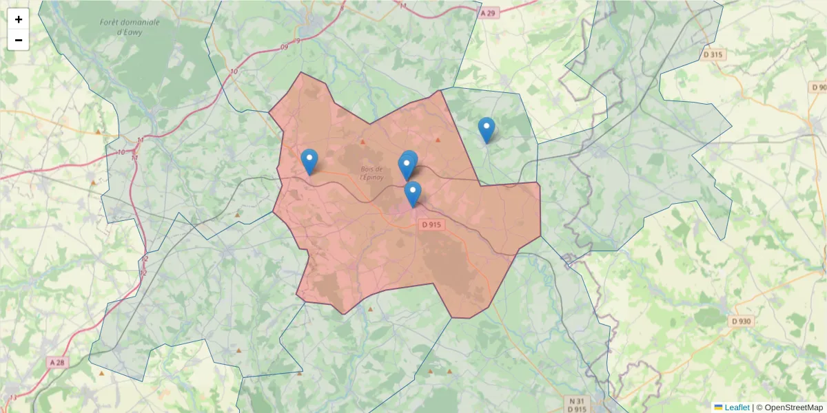 Carte de la zone du code postal  et des codes postaux voisins en France