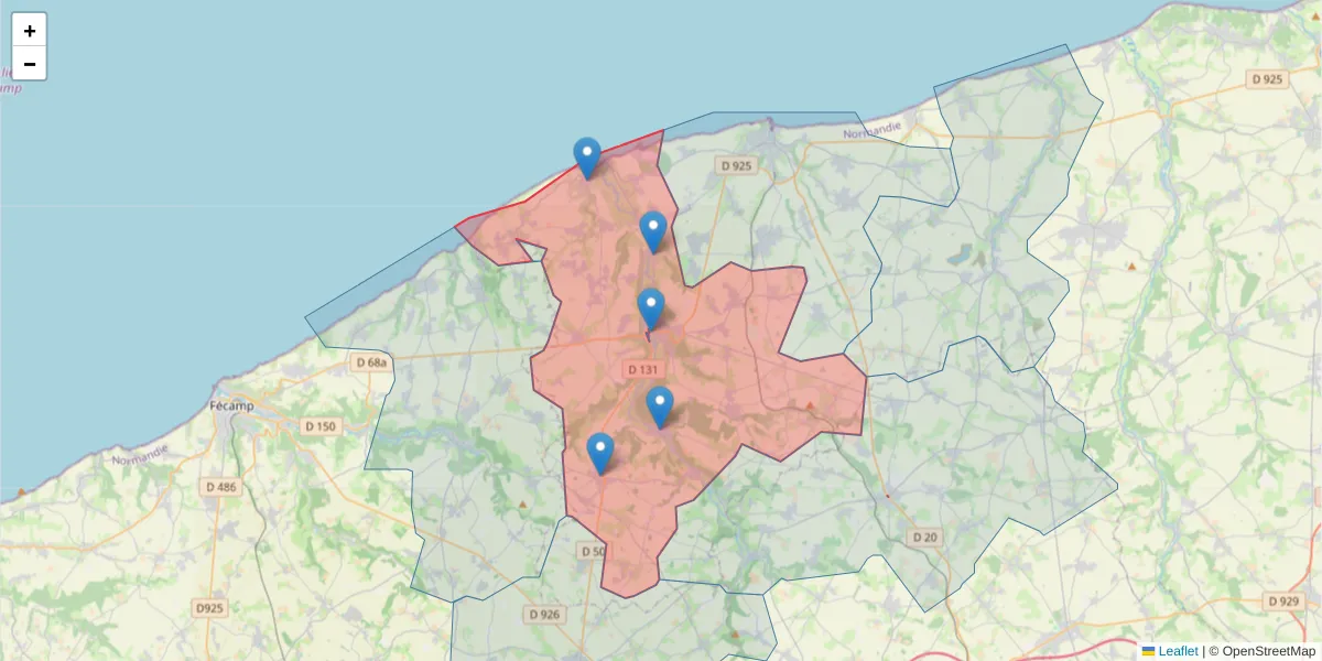 Carte de la zone du code postal  et des codes postaux voisins en France