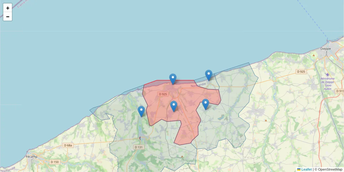 Carte de la zone du code postal  et des codes postaux voisins en France