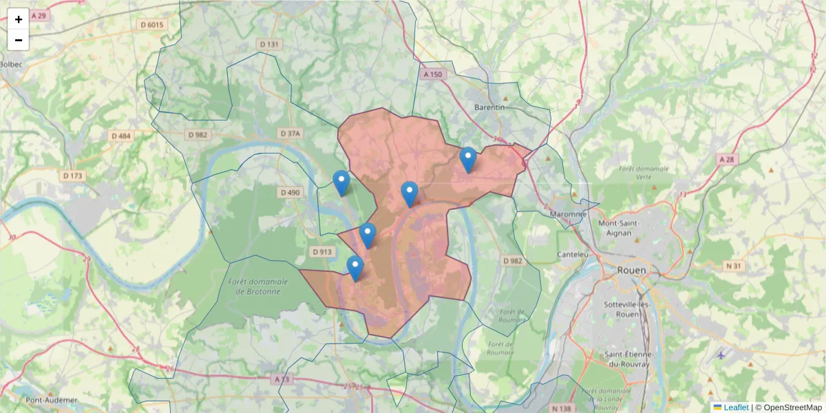 Carte de la zone du code postal  et des codes postaux voisins en France