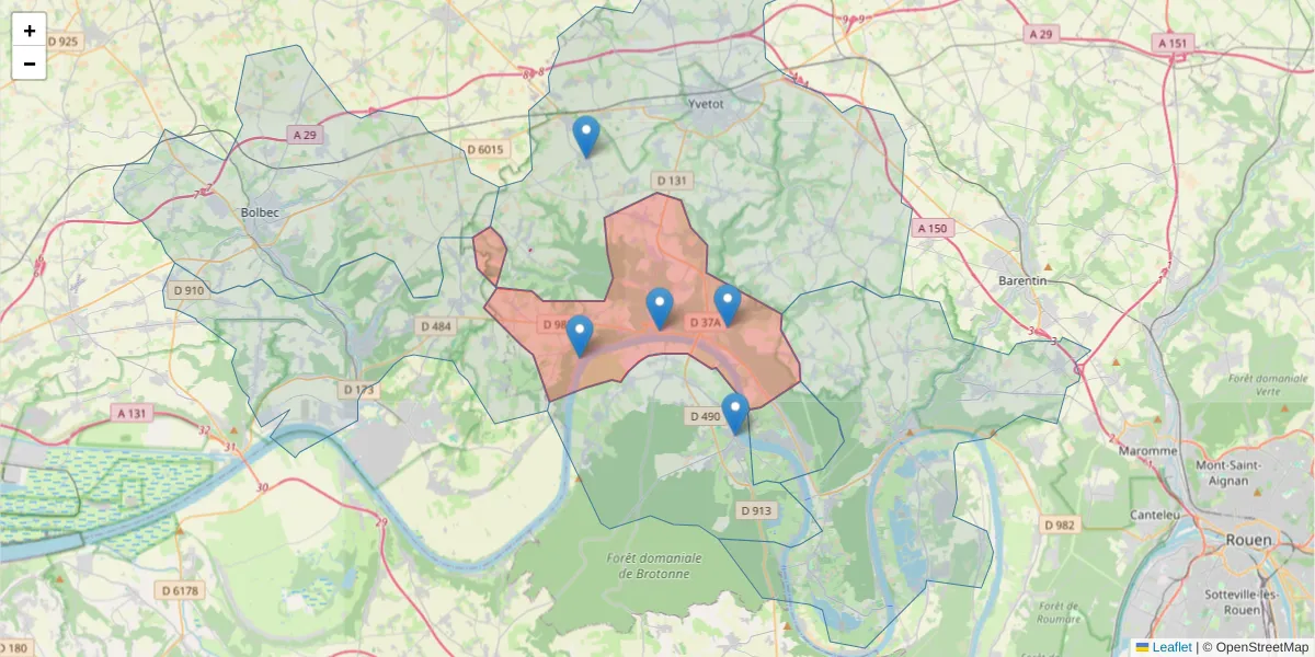 Carte de la zone du code postal  et des codes postaux voisins en France