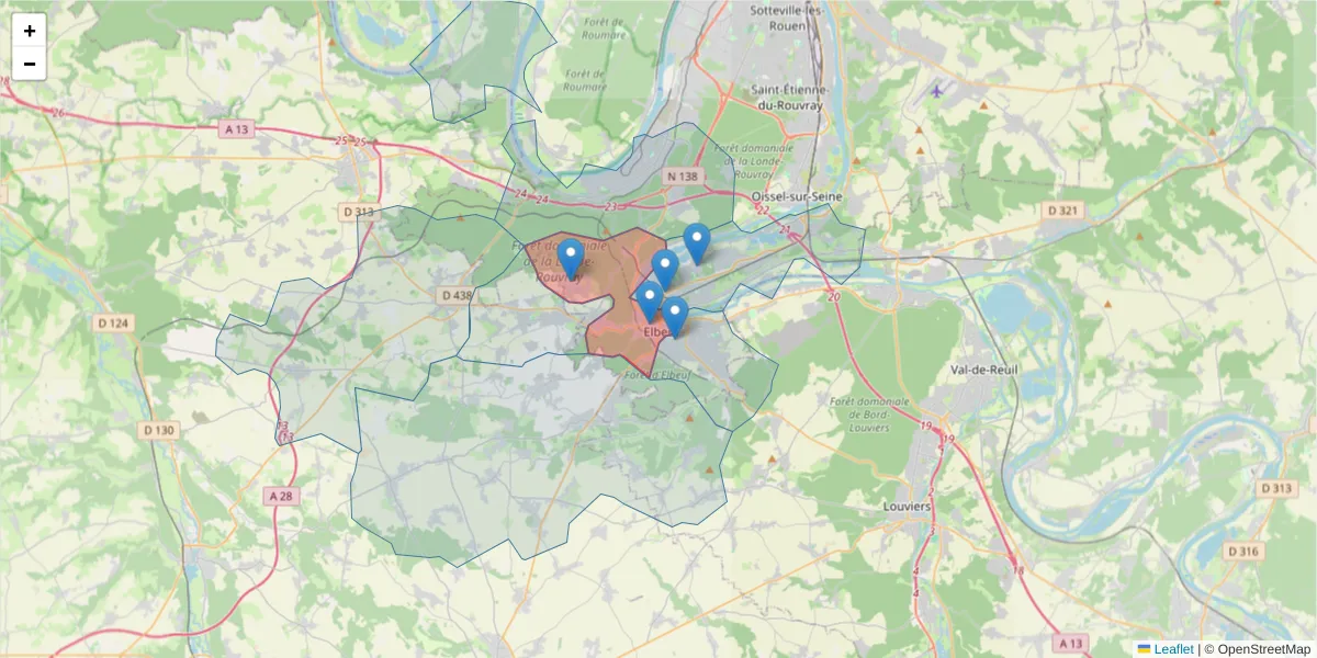 Carte de la zone du code postal  et des codes postaux voisins en France