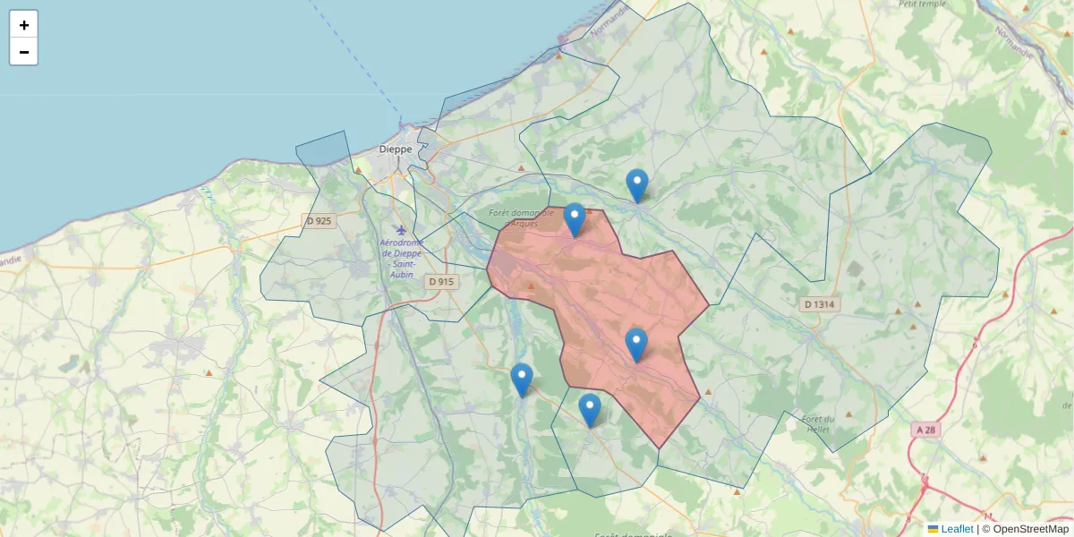 Carte de la zone du code postal  et des codes postaux voisins en France