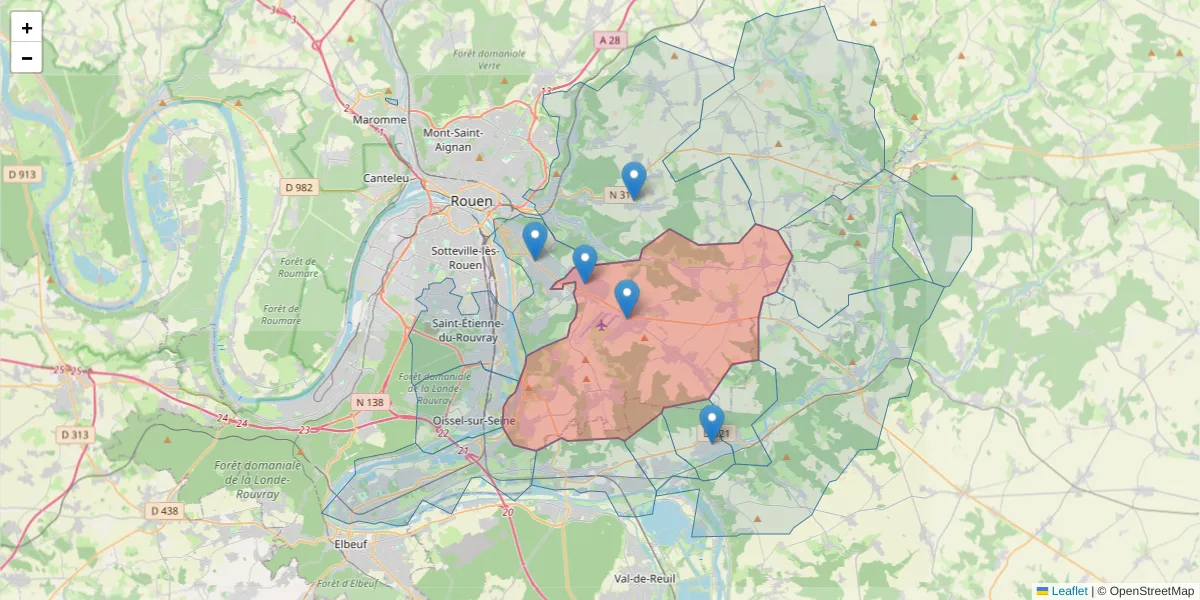 Carte de la zone du code postal  et des codes postaux voisins en France