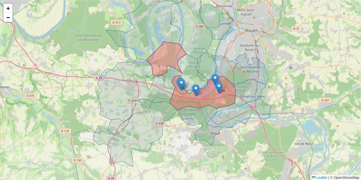 Carte de la zone du code postal  et des codes postaux voisins en France