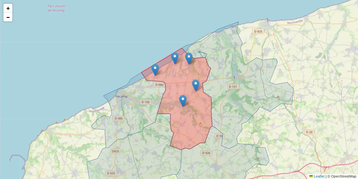 Carte de la zone du code postal  et des codes postaux voisins en France
