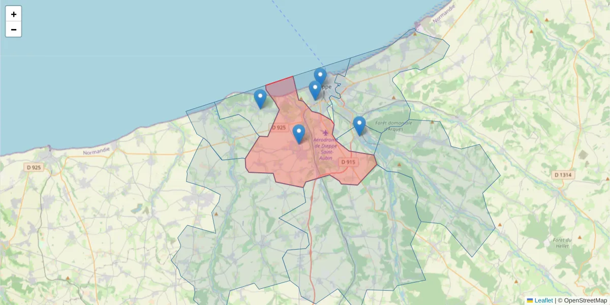 Carte de la zone du code postal  et des codes postaux voisins en France