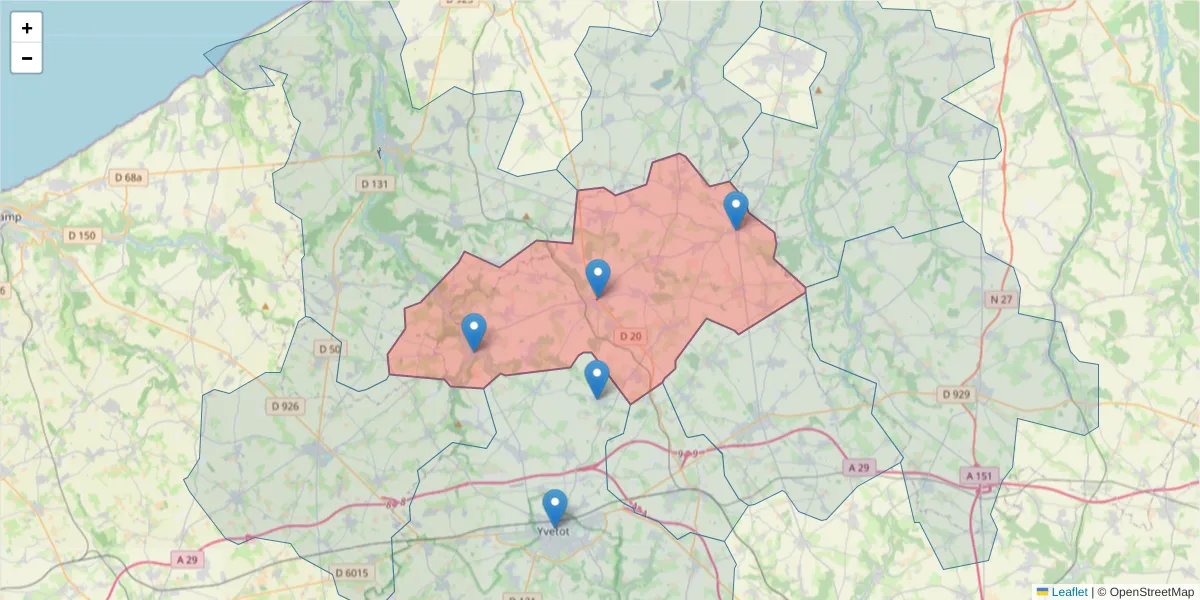 Carte de la zone du code postal  et des codes postaux voisins en France