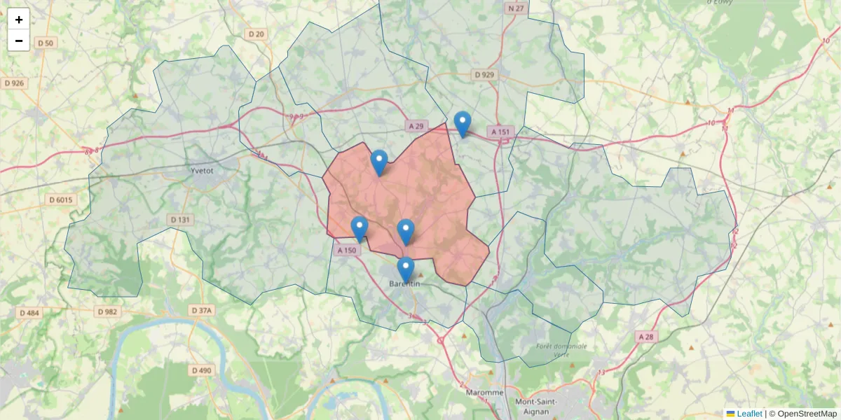 Carte de la zone du code postal  et des codes postaux voisins en France
