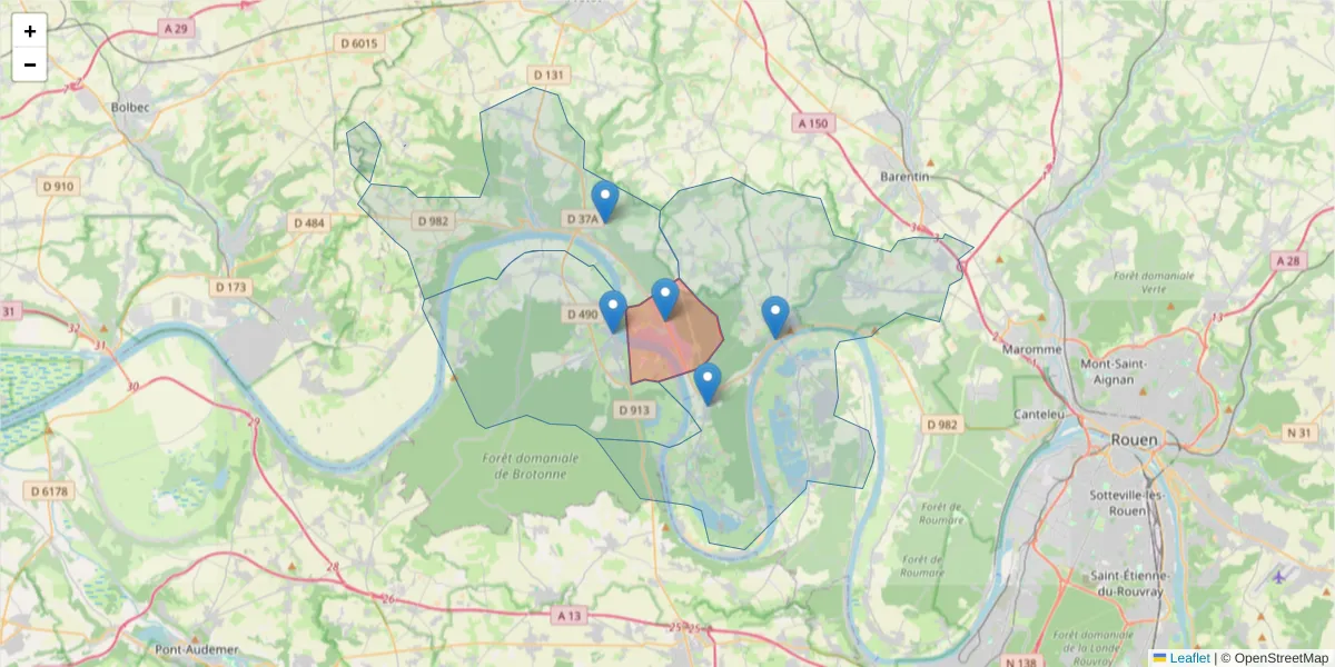 Carte de la zone du code postal  et des codes postaux voisins en France