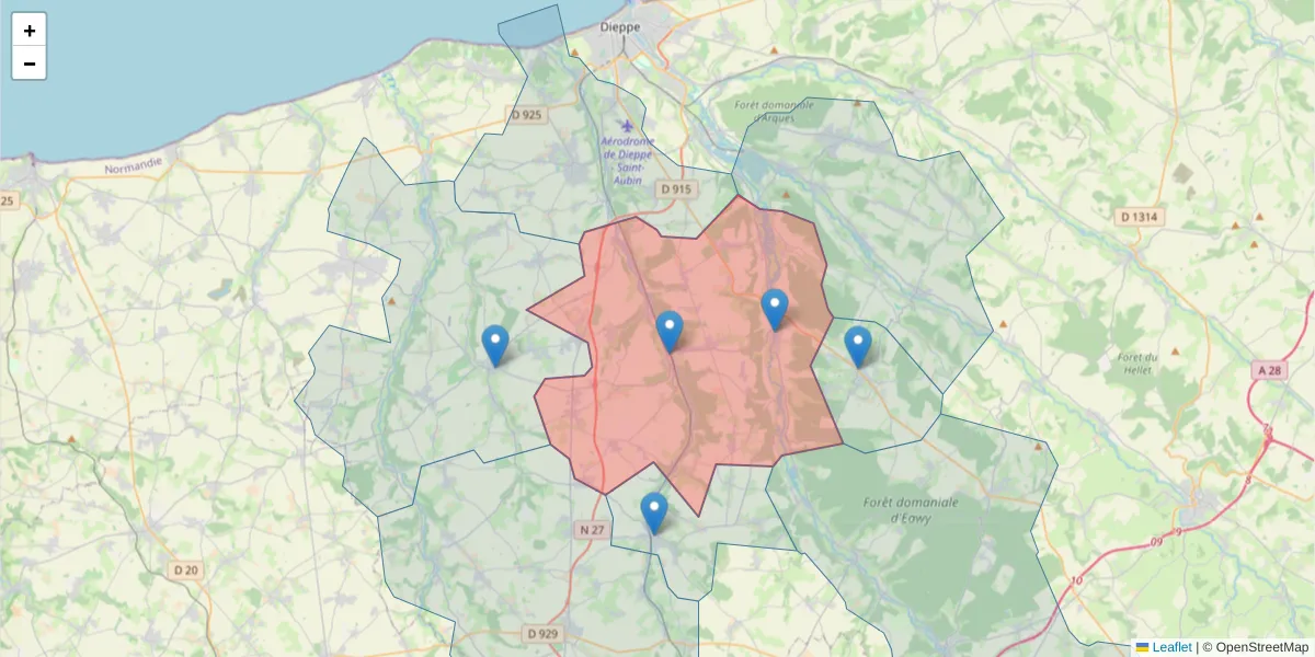Carte de la zone du code postal  et des codes postaux voisins en France