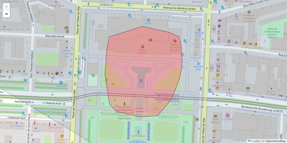 Carte de la zone du code postal  et des codes postaux voisins en France