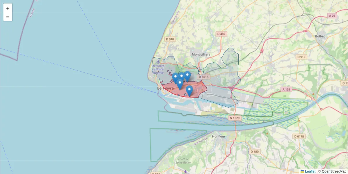 Carte de la zone du code postal  et des codes postaux voisins en France