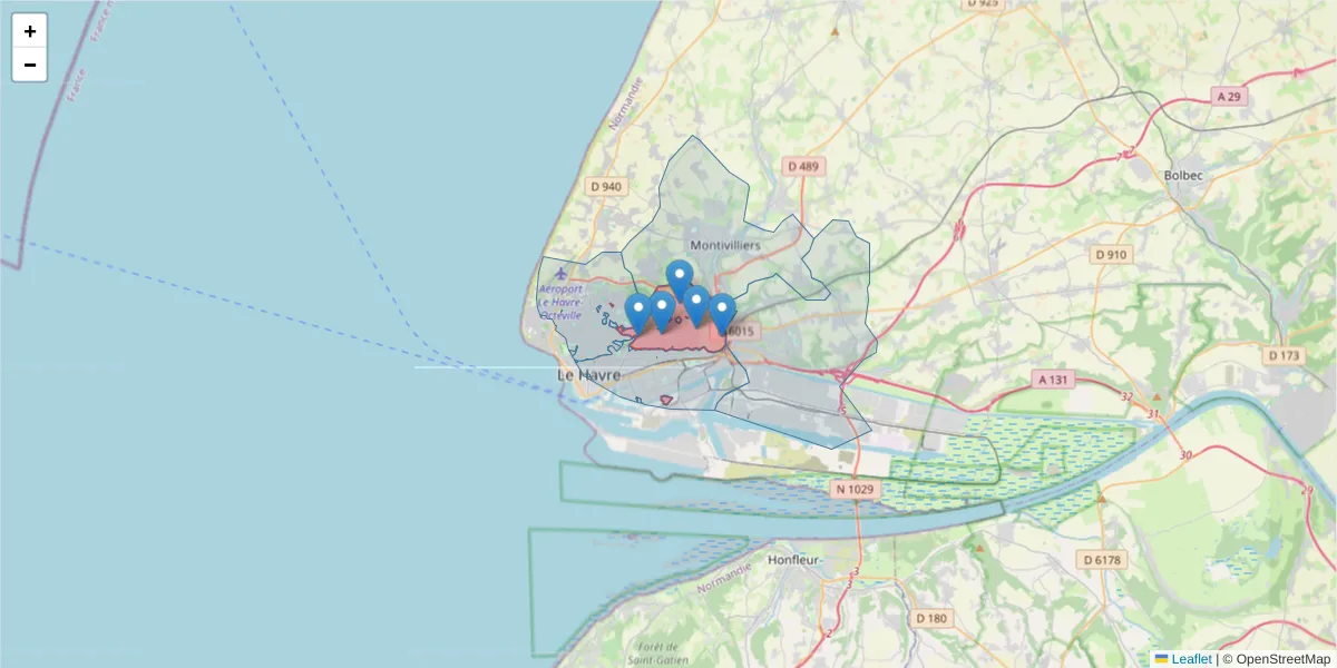 Carte de la zone du code postal  et des codes postaux voisins en France