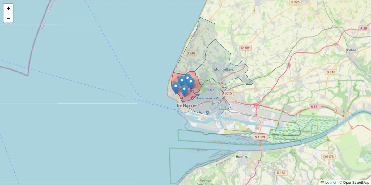 Carte de la zone du code postal  et des codes postaux voisins en France