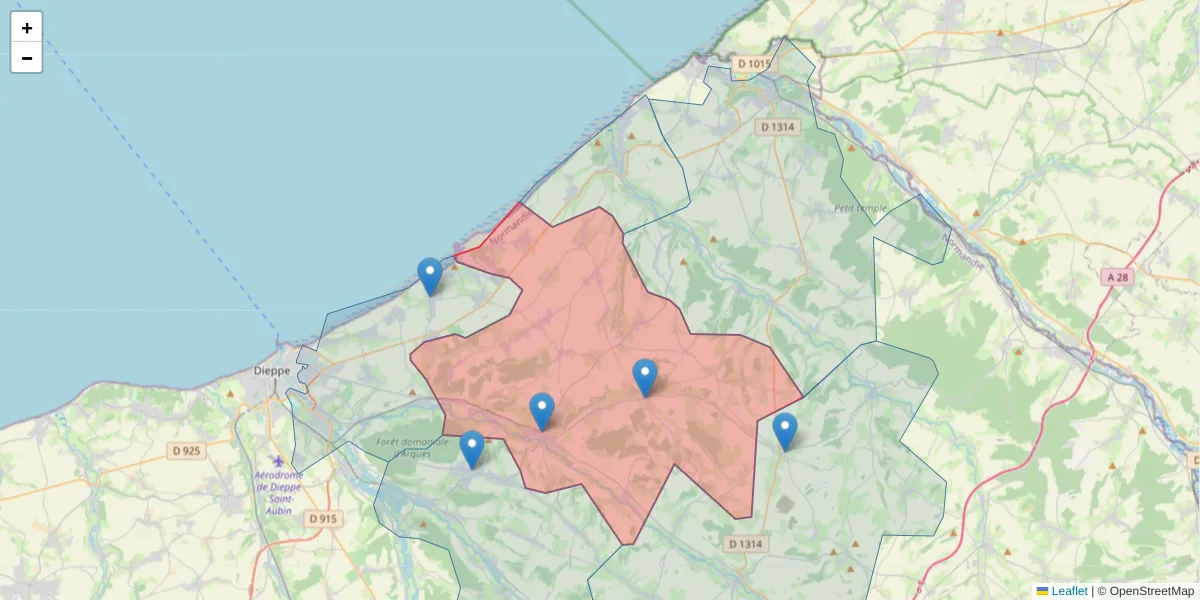 Carte de la zone du code postal  et des codes postaux voisins en France