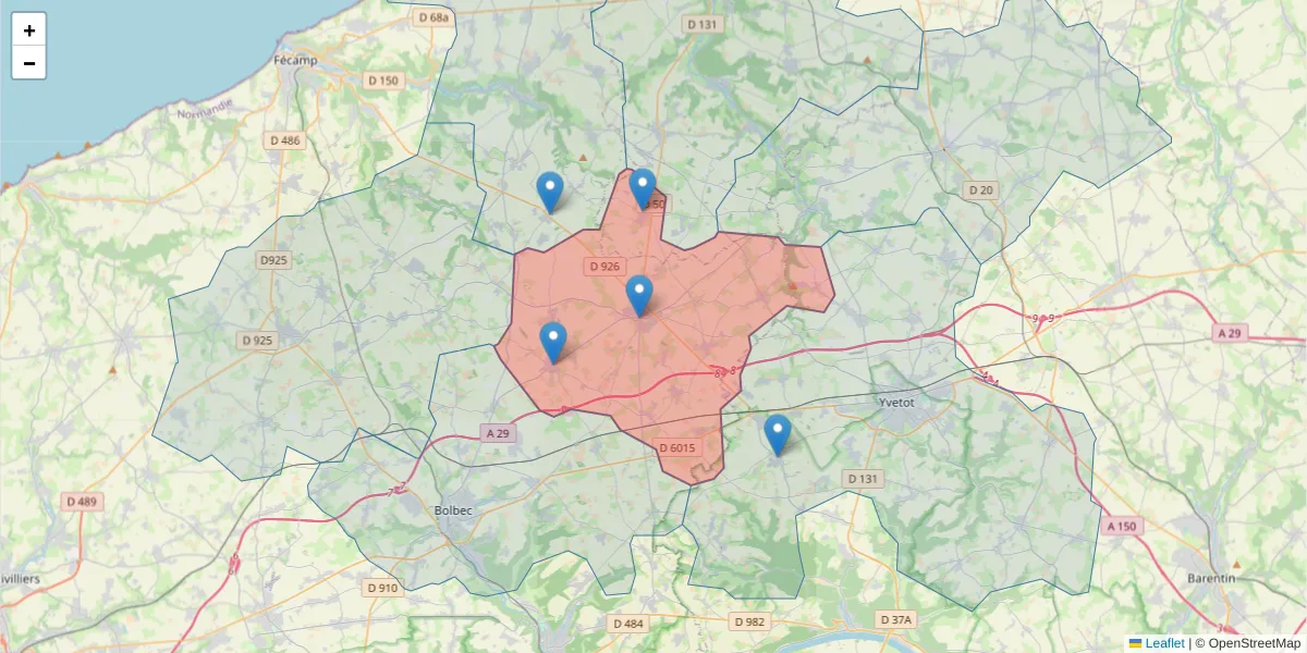 Carte de la zone du code postal  et des codes postaux voisins en France