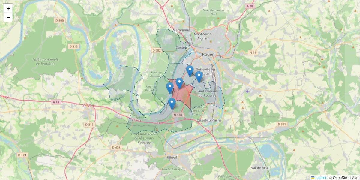 Carte de la zone du code postal  et des codes postaux voisins en France