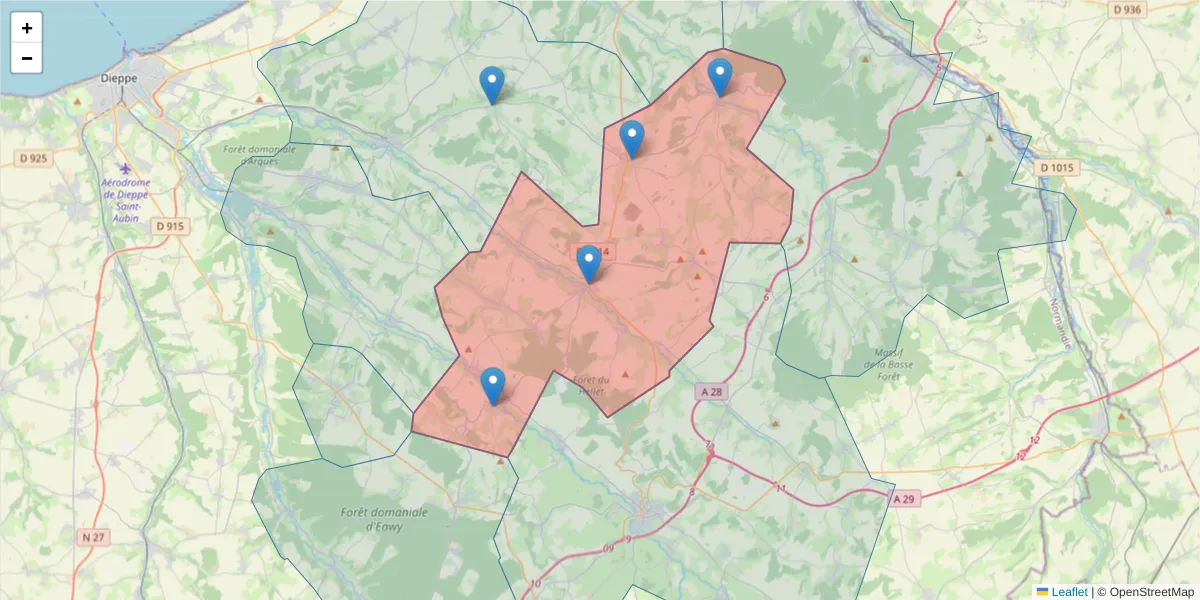 Carte de la zone du code postal  et des codes postaux voisins en France