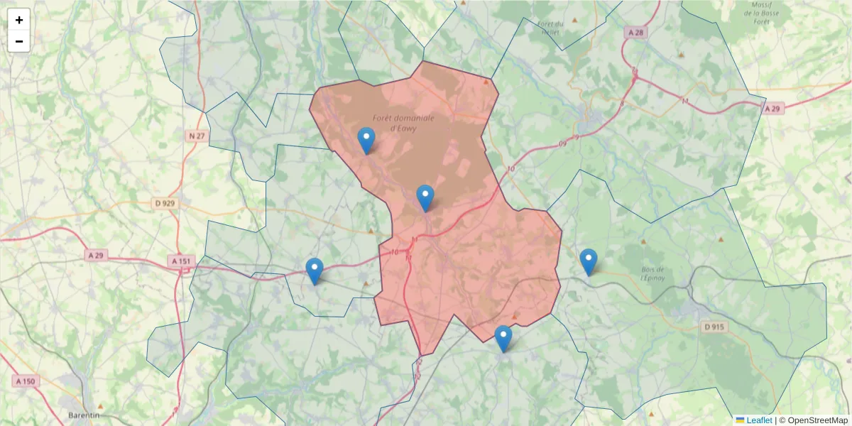 Carte de la zone du code postal  et des codes postaux voisins en France
